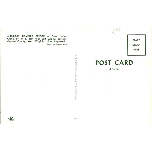 Indian Creek Covered Bridge Postcard West Virginia Salt Sulphur Springs Monroe C - Picture 2 of 2